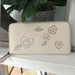 Coach Heart Bandana Rivets Leather Zip Around Long Wallet, Chalk, F67495